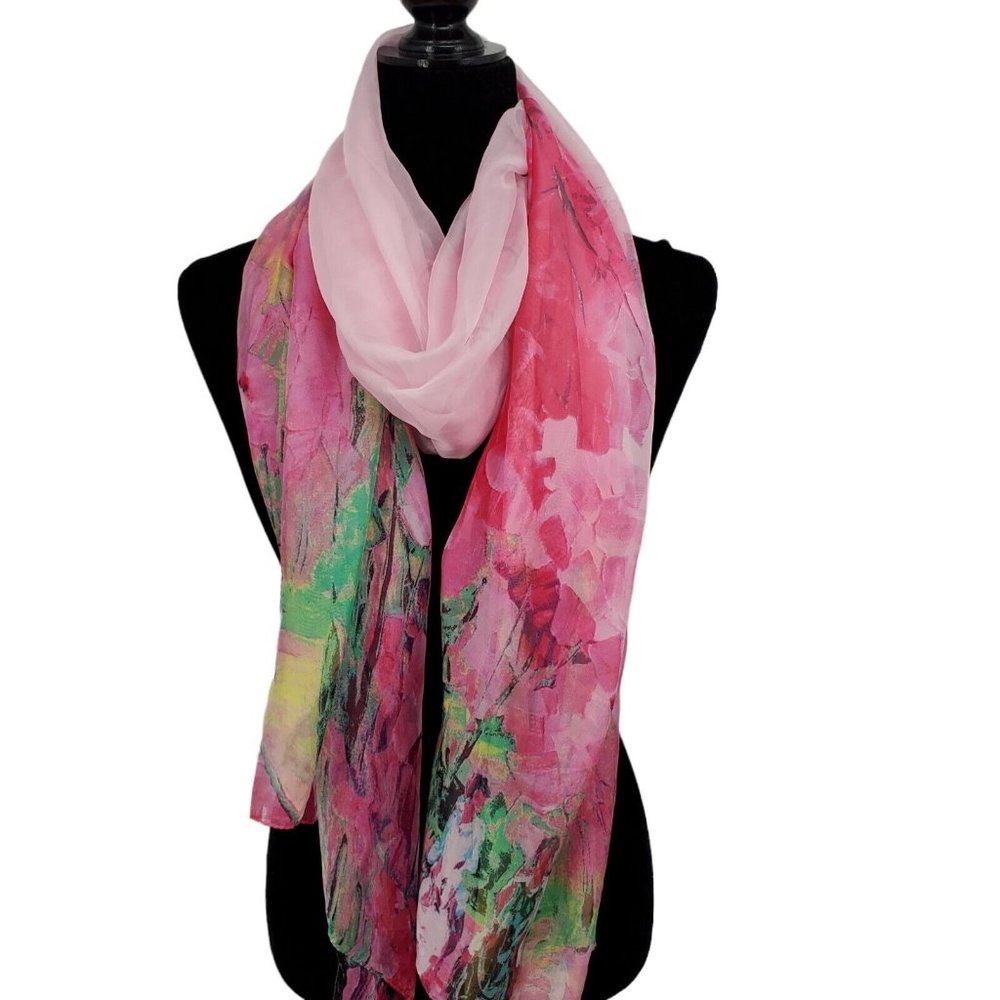 Chiffon Scarf Wrap Pink Multicolor Impressionist Art Print 42x80"